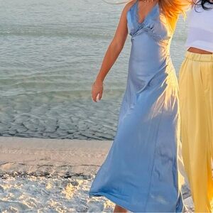 Sincerely Jules Dress Womens S Blue v-neck lace trim satin silk slip maxi